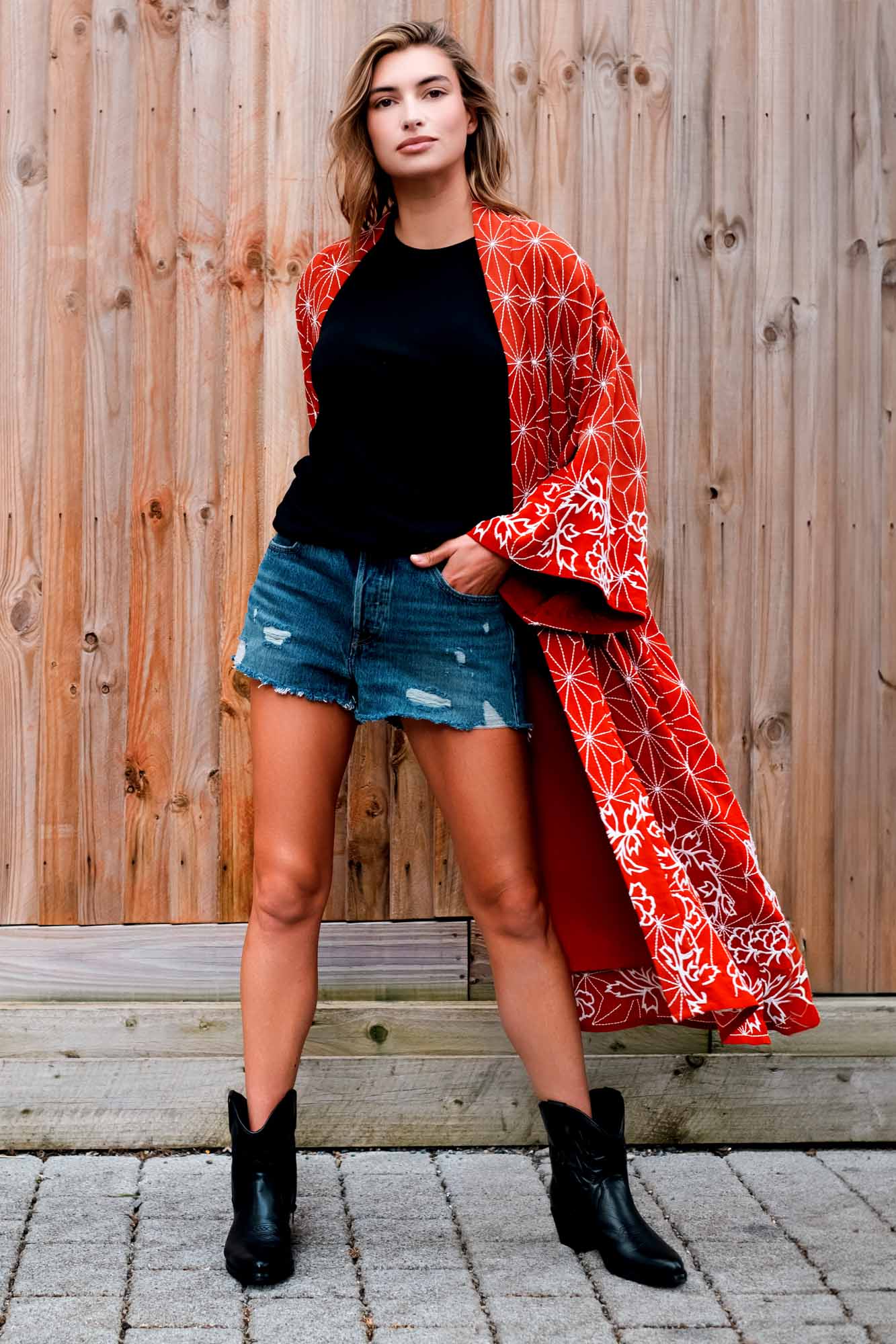 Asanoha & Peony Embroidered Fully Lined Terracotta Fully Lined Long Kimono - Image 3