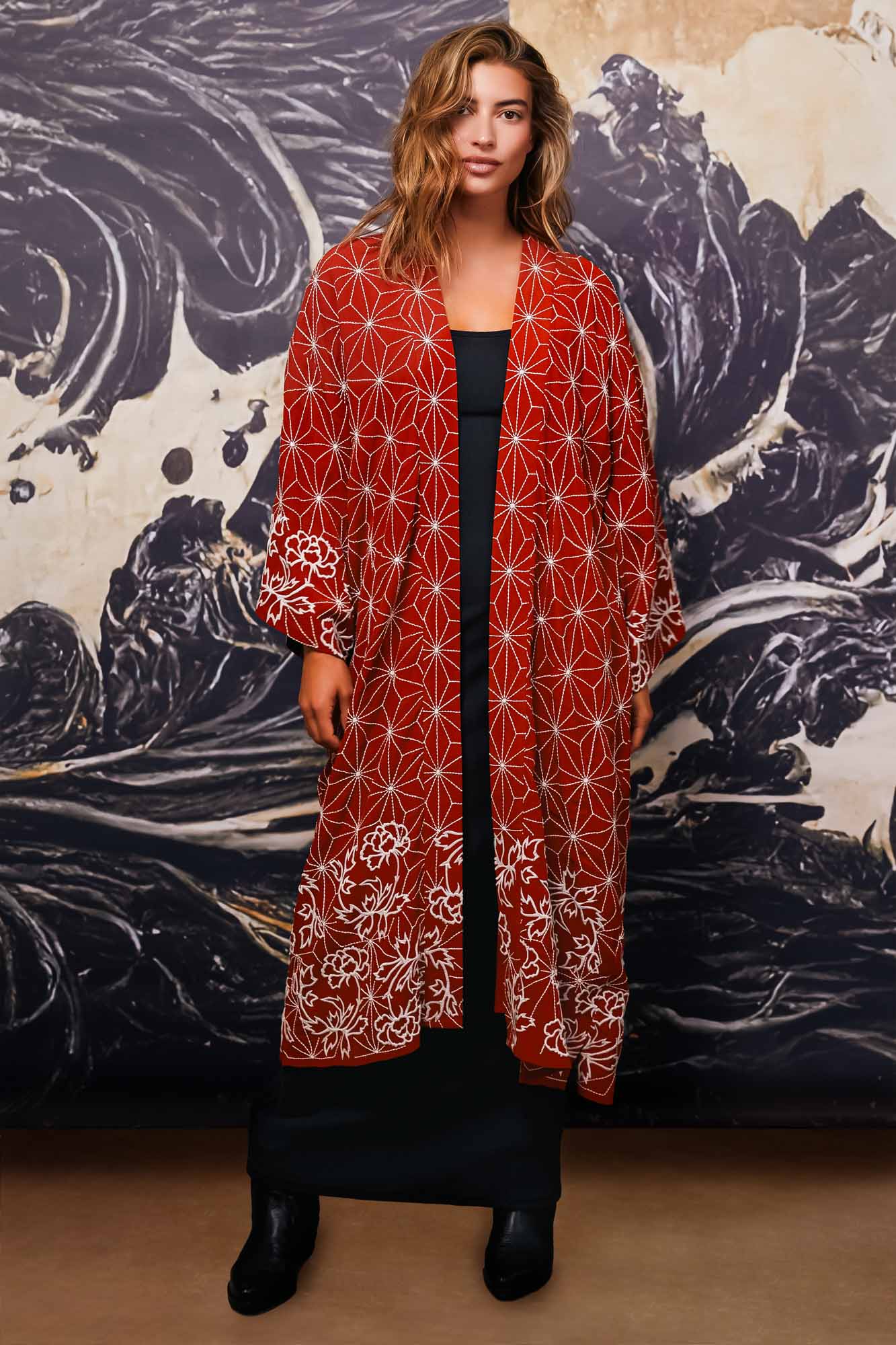 Asanoha & Peony Embroidered Fully Lined Terracotta Fully Lined Long Kimono - Image 4