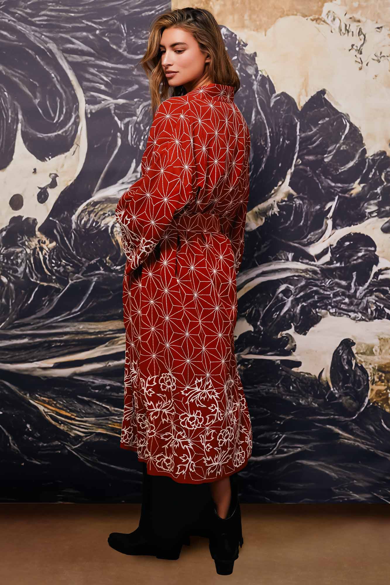 Asanoha & Peony Embroidered Fully Lined Terracotta Fully Lined Long Kimono - Image 5