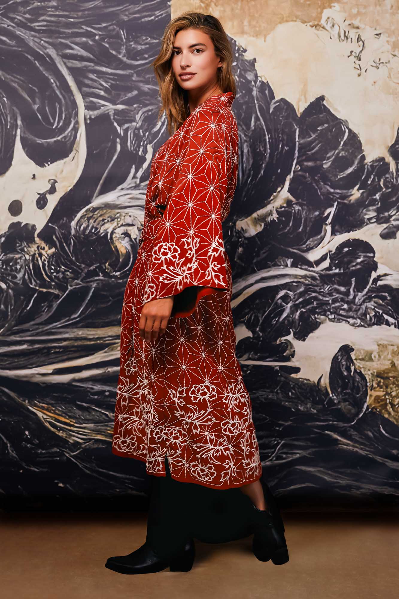 Asanoha & Peony Embroidered Fully Lined Terracotta Fully Lined Long Kimono - Image 6