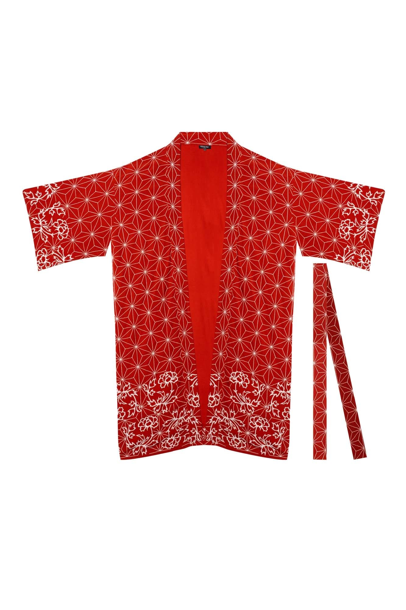 Asanoha & Peony Embroidered Fully Lined Terracotta Fully Lined Long Kimono - Image 9