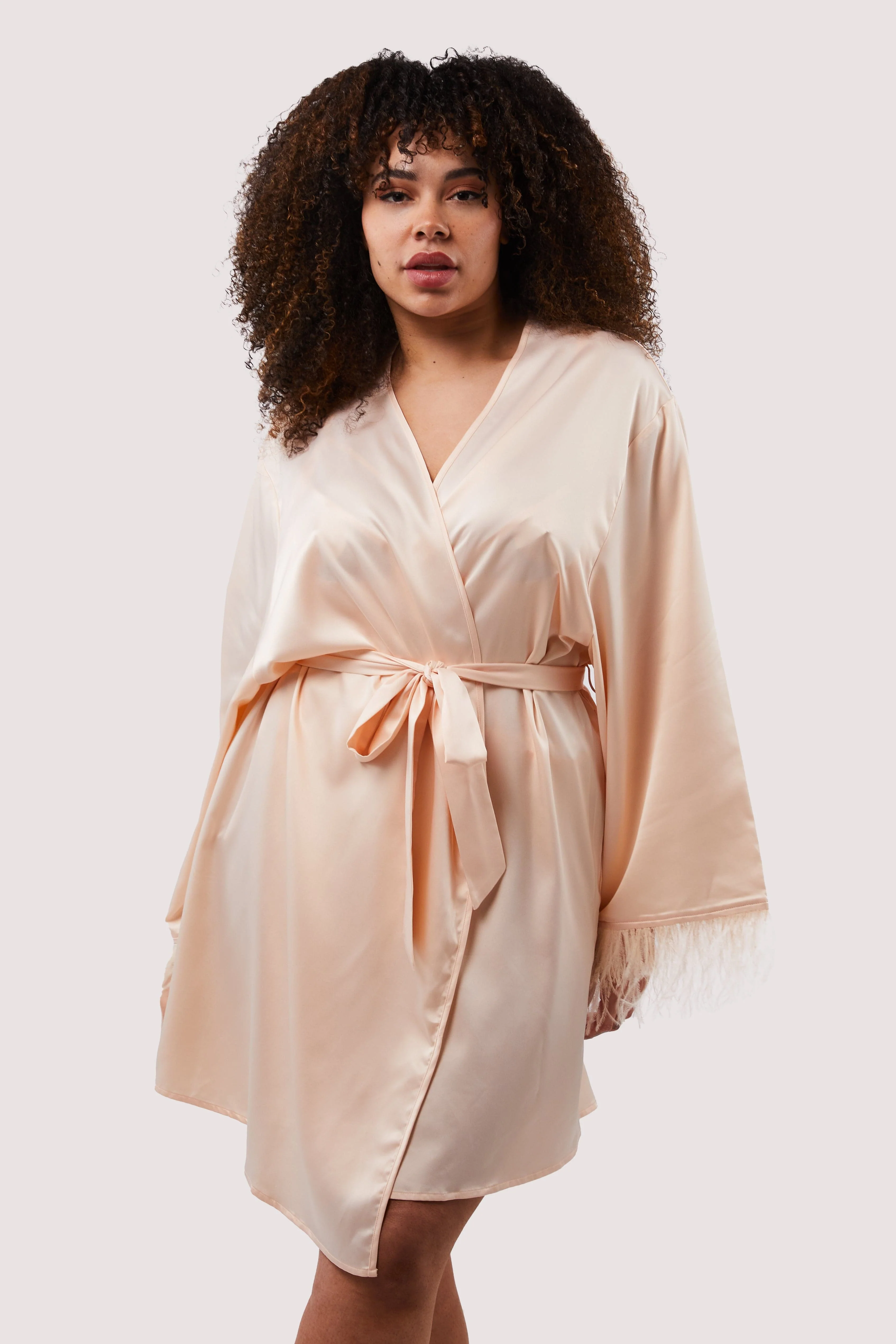 Cassiopeia Blush Pink Satin And Feather Kimono - Image 10