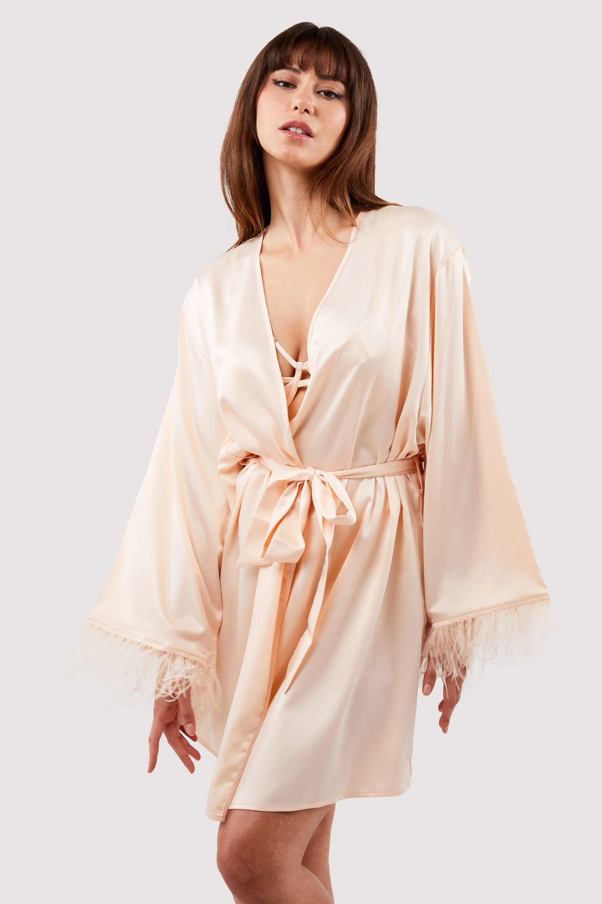 Cassiopeia Blush Pink Satin And Feather Kimono - Image 5