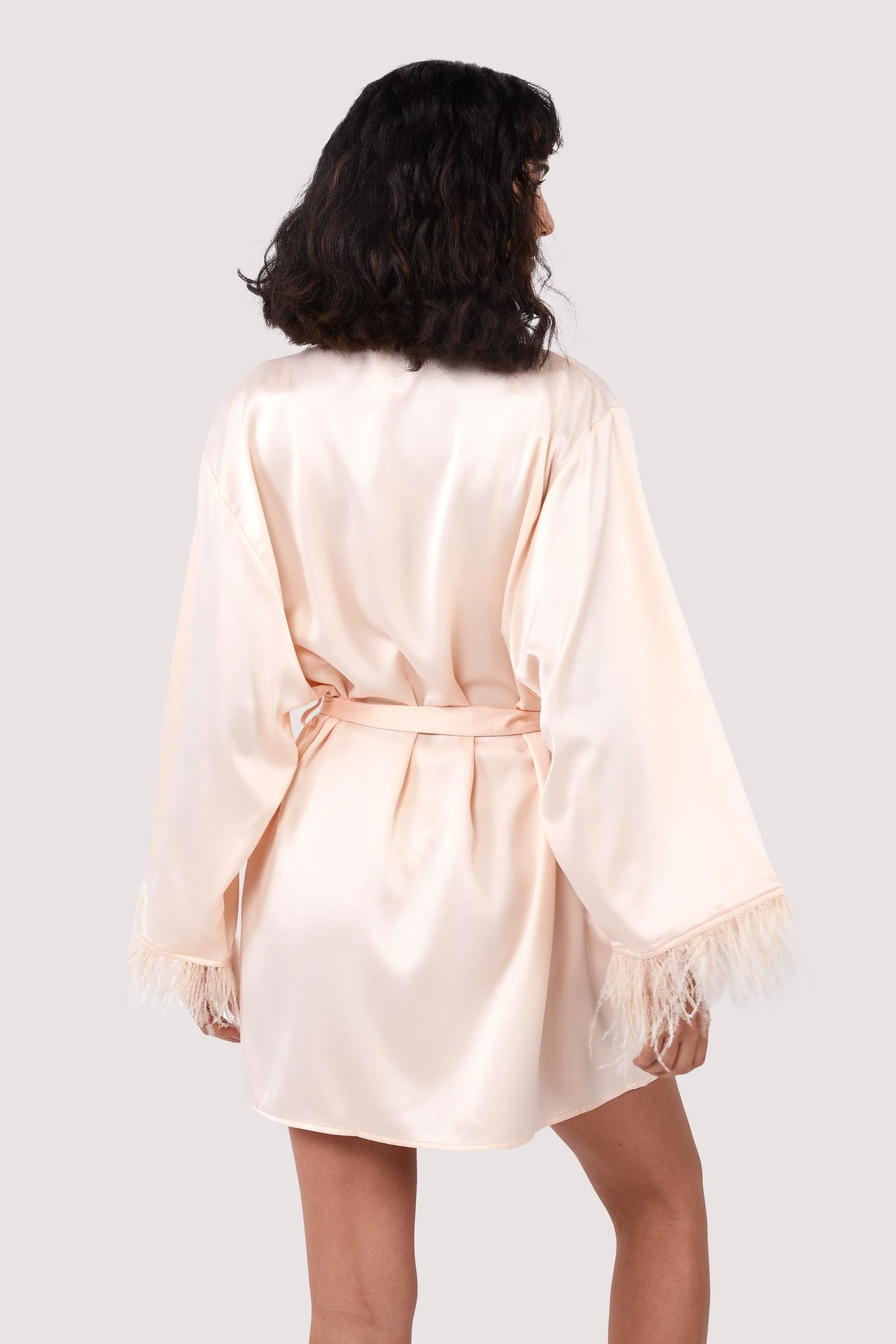 Cassiopeia Blush Pink Satin And Feather Kimono - Image 7