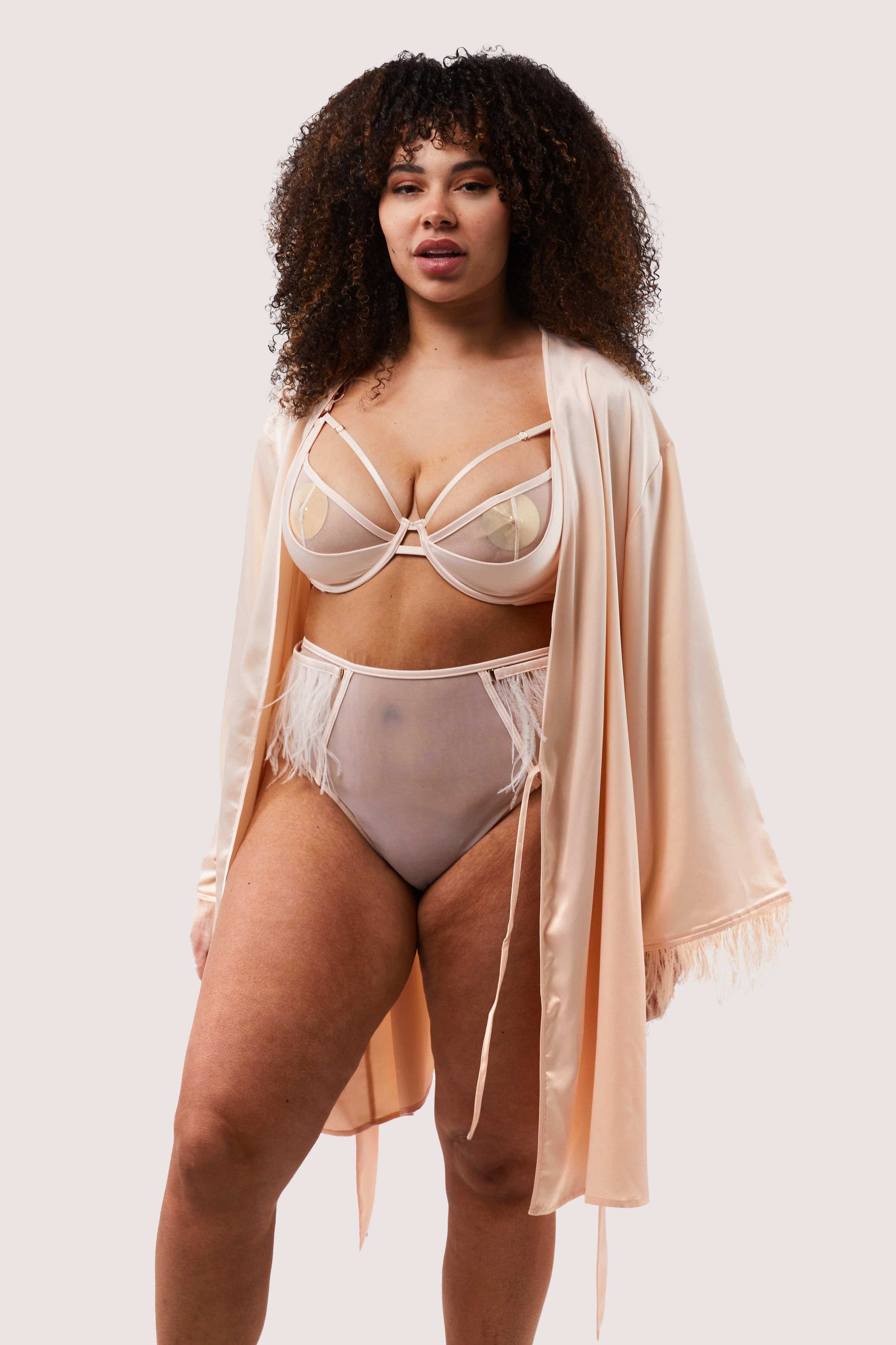 Cassiopeia Blush Pink Satin And Feather Kimono - Image 8