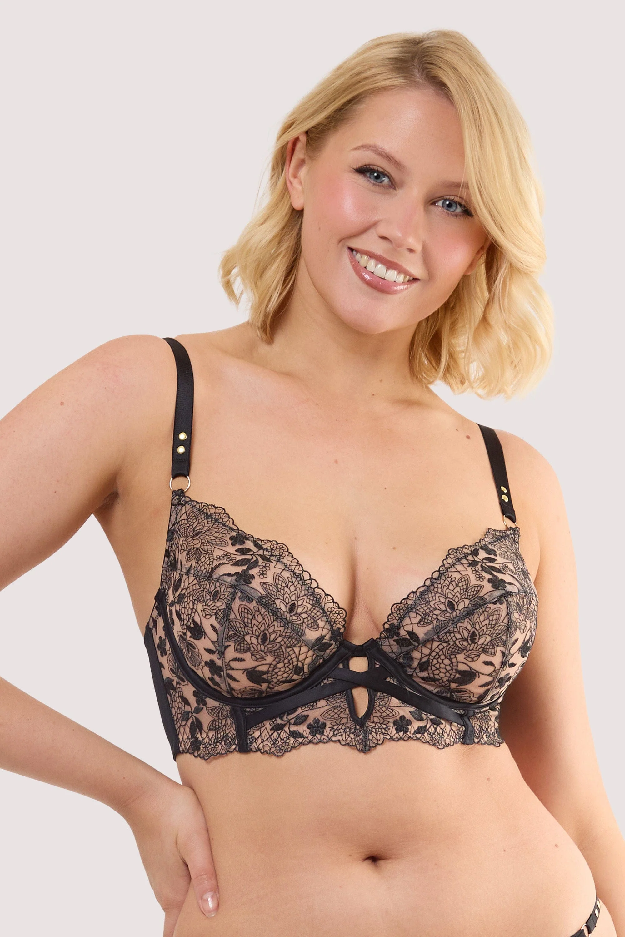Cindy Black Floral Embroidery Longline Bra - Image 2