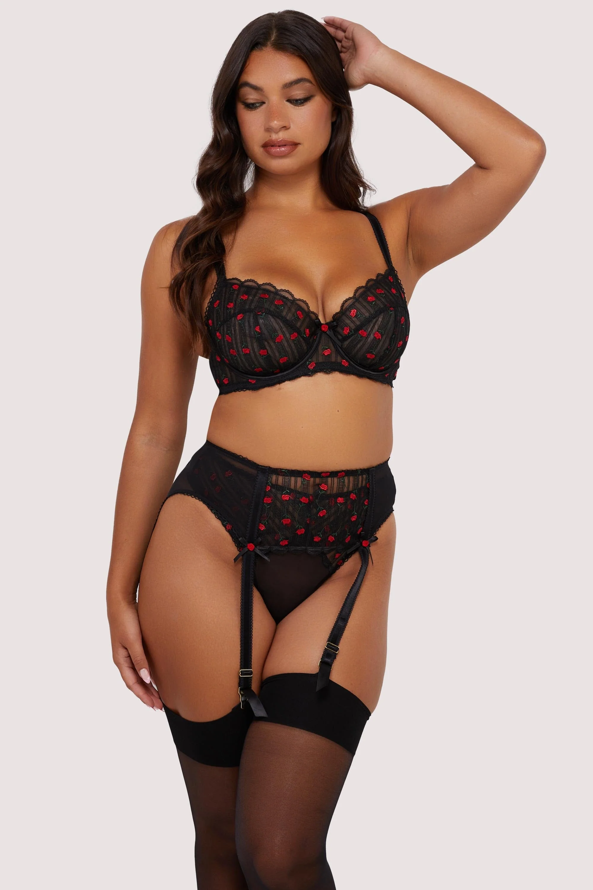 Elodie Black and Red Rosebud Embroidery Suspender Belt - Image 8