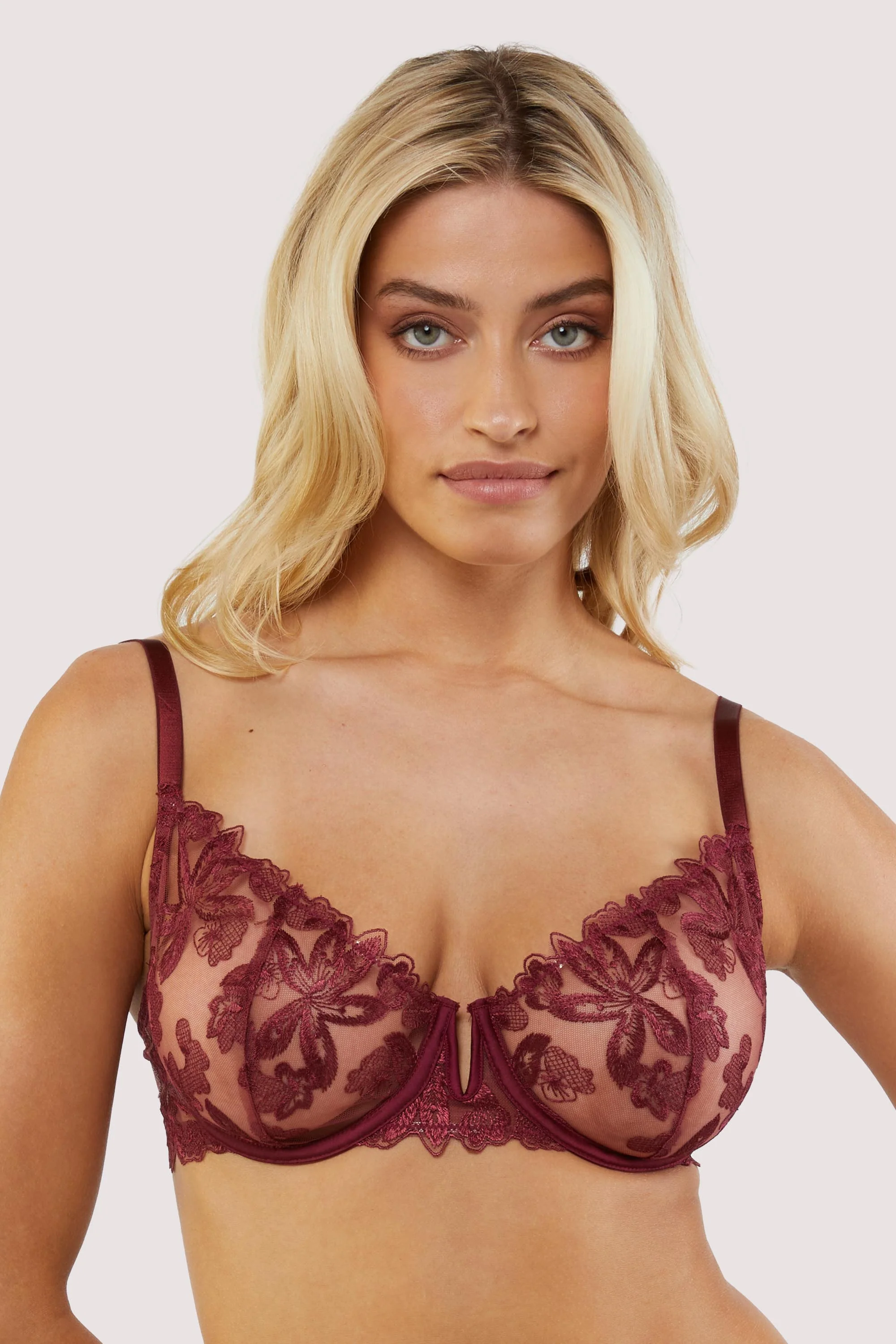 Eva Dark Cherry Graphic Embroidery Balconette Bra - Image 5