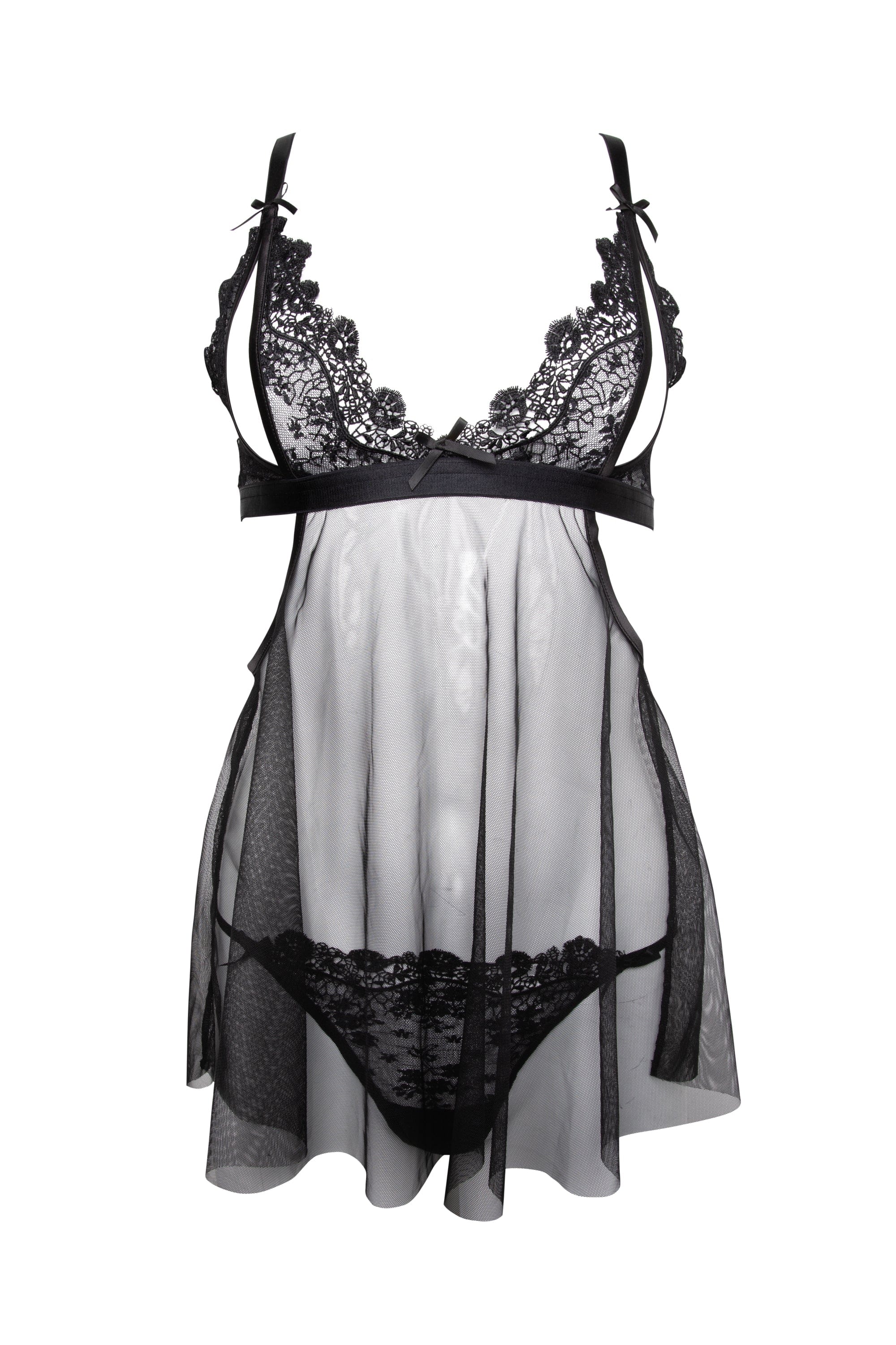 Dreamland Black Embroidered Peep Babydoll and Thong Set - Image 7