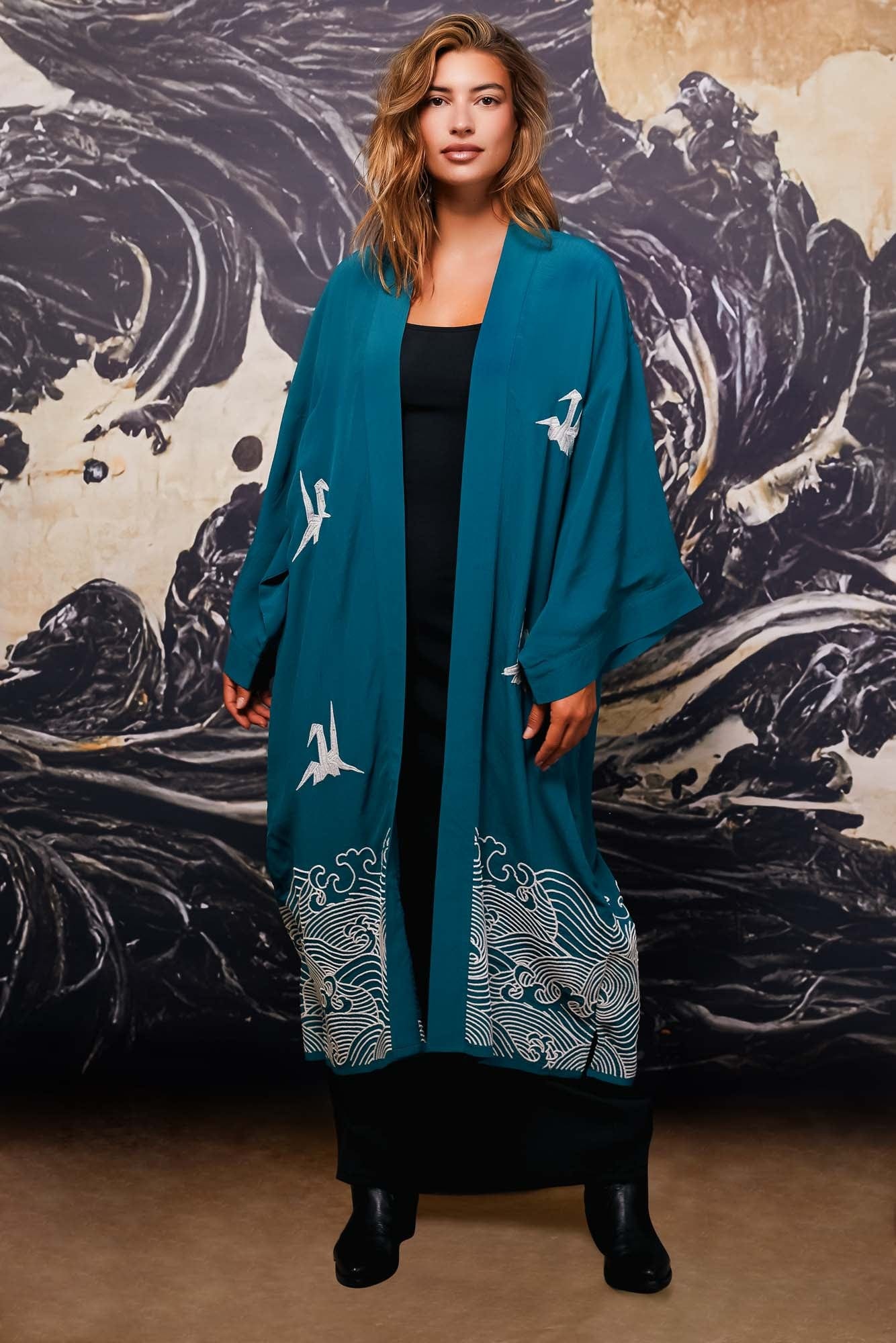 Origami & Hokusai Wave Embroidered Fully Lined Deep Teal Long Kimono - Image 4