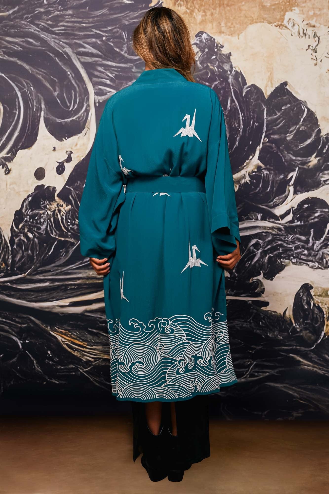 Origami & Hokusai Wave Embroidered Fully Lined Deep Teal Long Kimono - Image 7