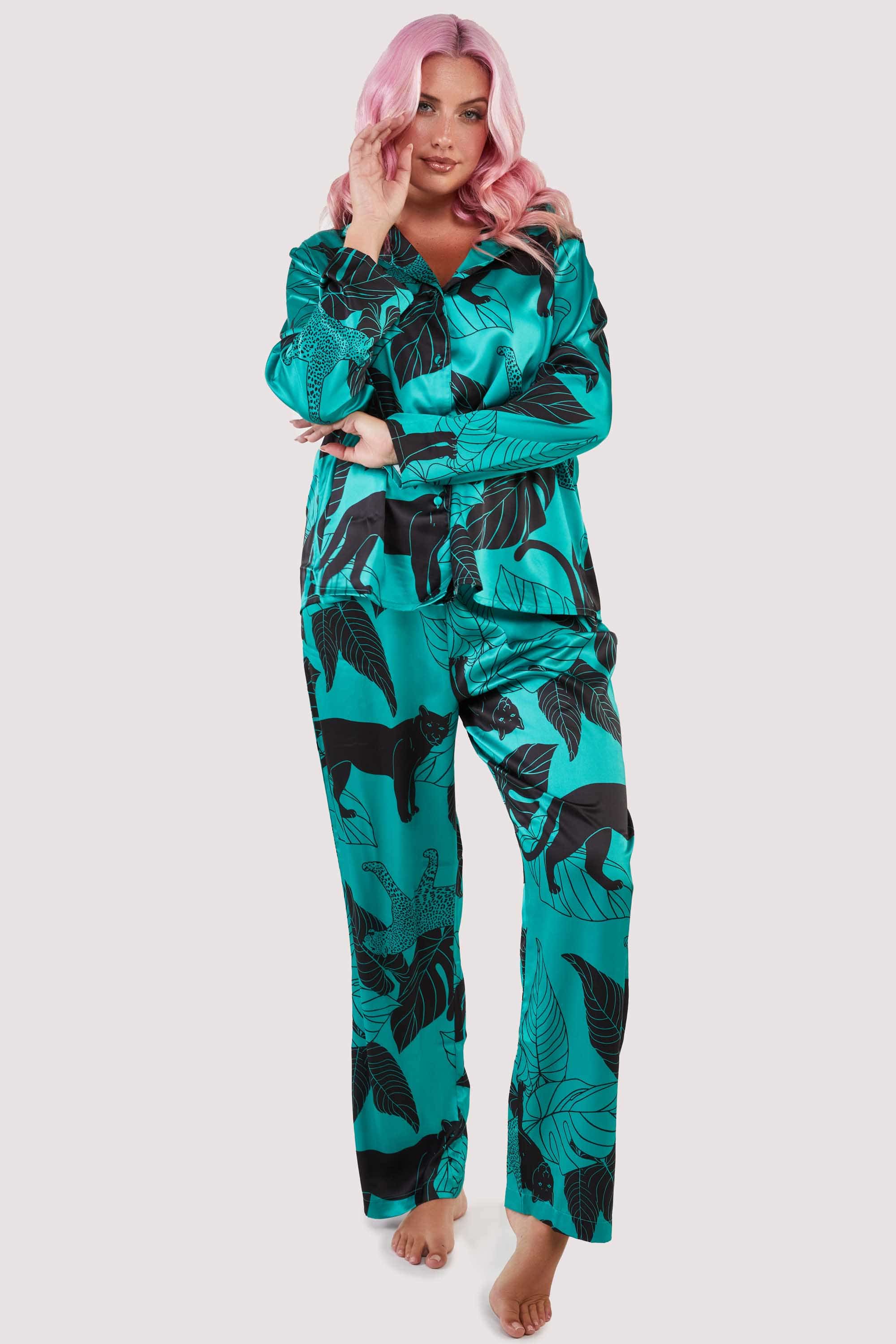 Green Panther Print Satin Pyjama Set - Image 3