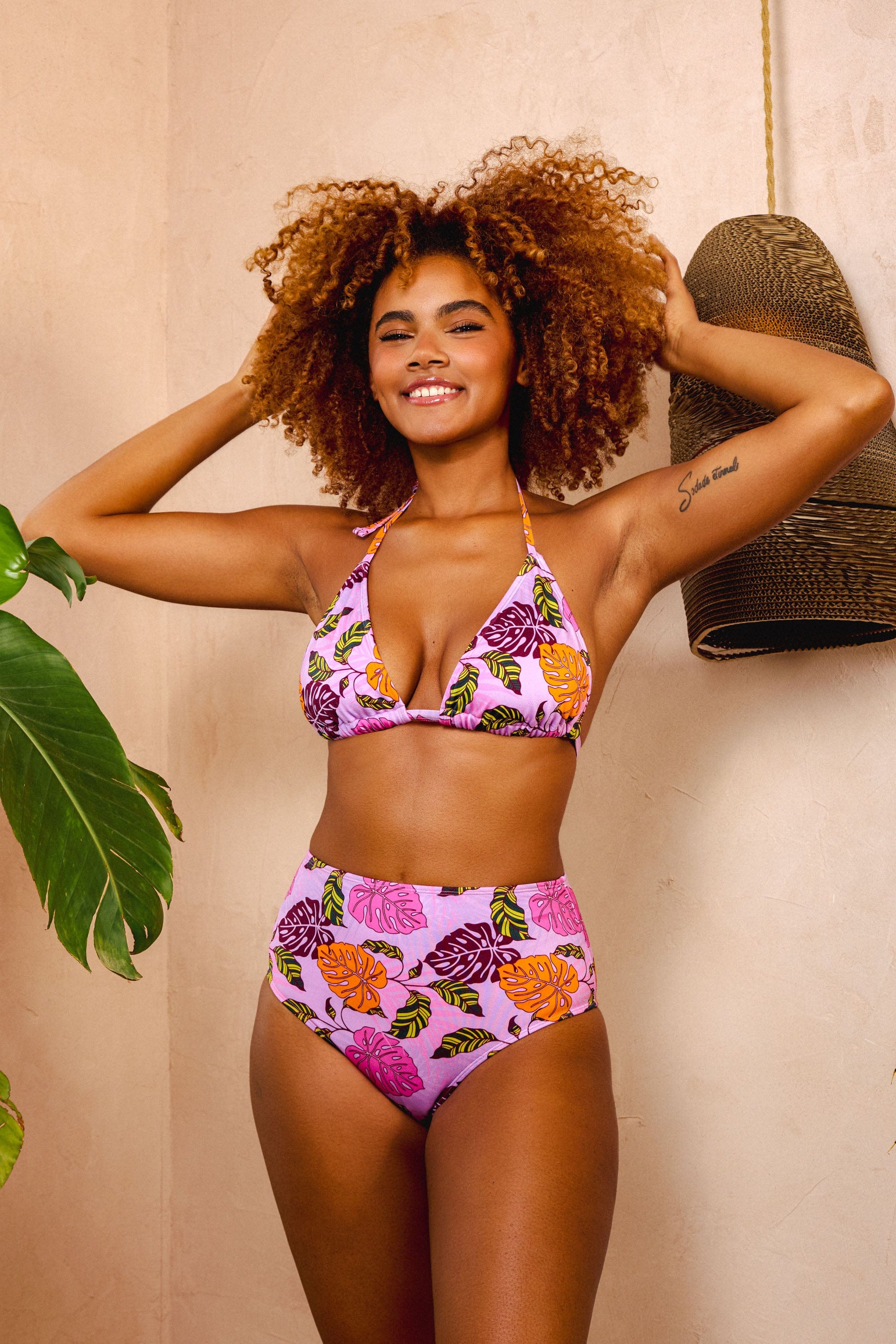 Riley Mix & Match Pink Palm Print High Waisted Bikini Bottom - Image 2