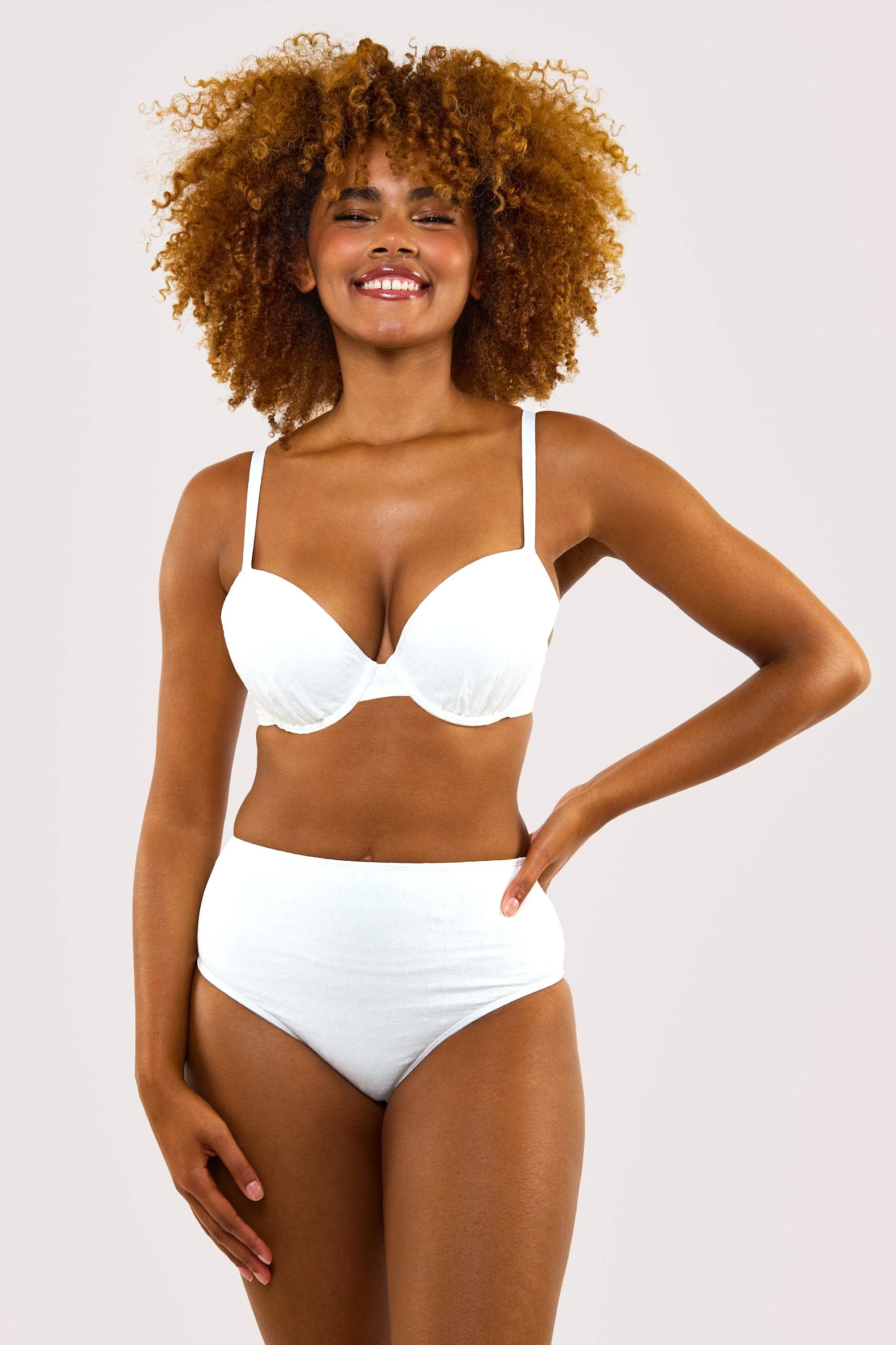 Zoe Mix & Match White Floral Texture High Waisted Bikini Bottom - Image 4