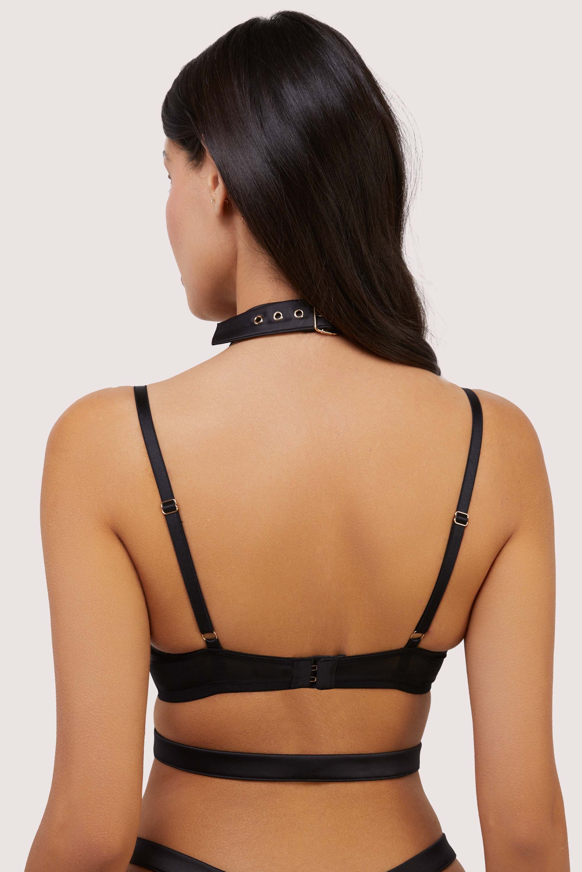 Alessia Black Satin and Illusion Mesh Plunge Buckled Bra - Image 4