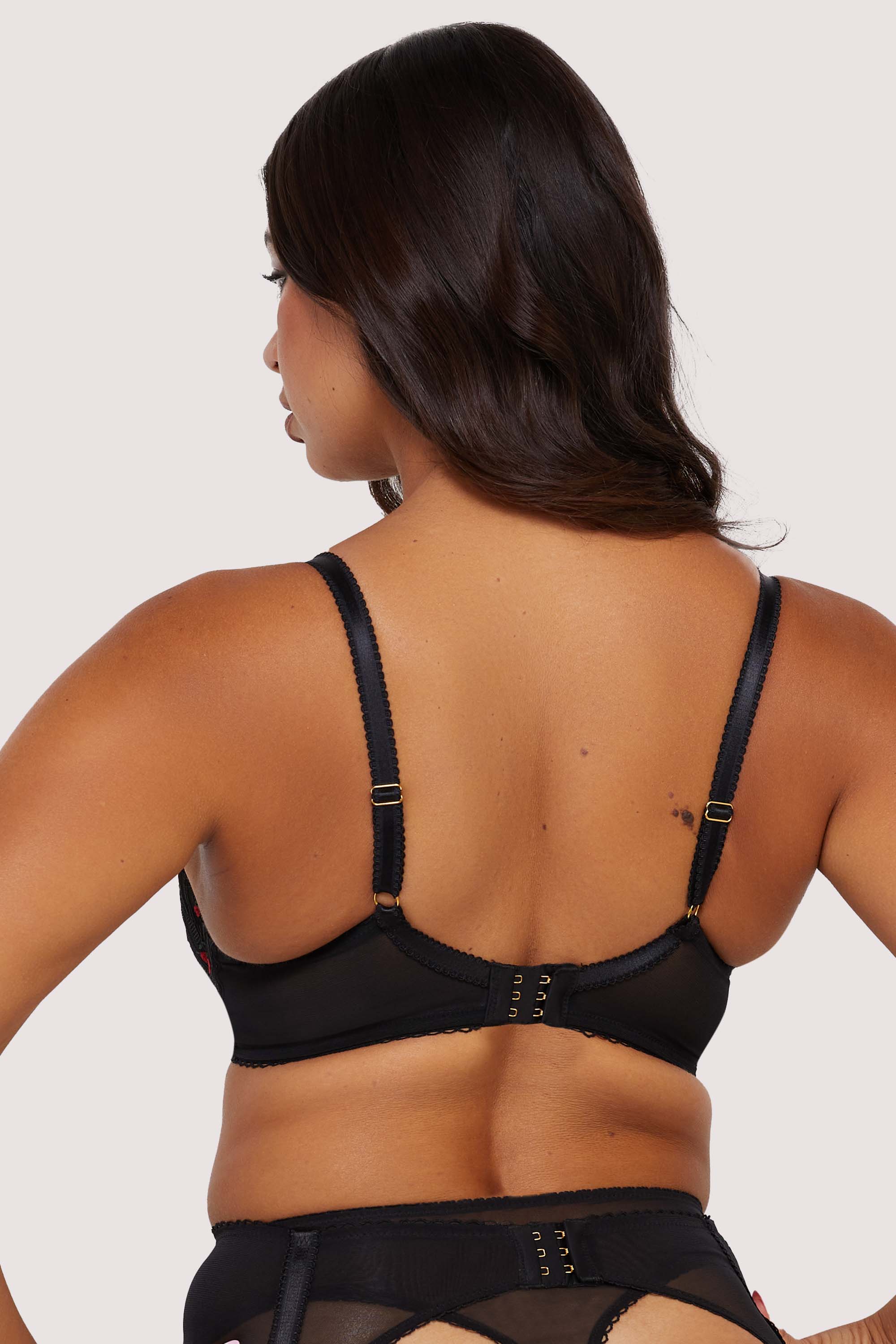 Elodie Black and Red Rosebud Embroidery Quarter Cup Bra - Image 3