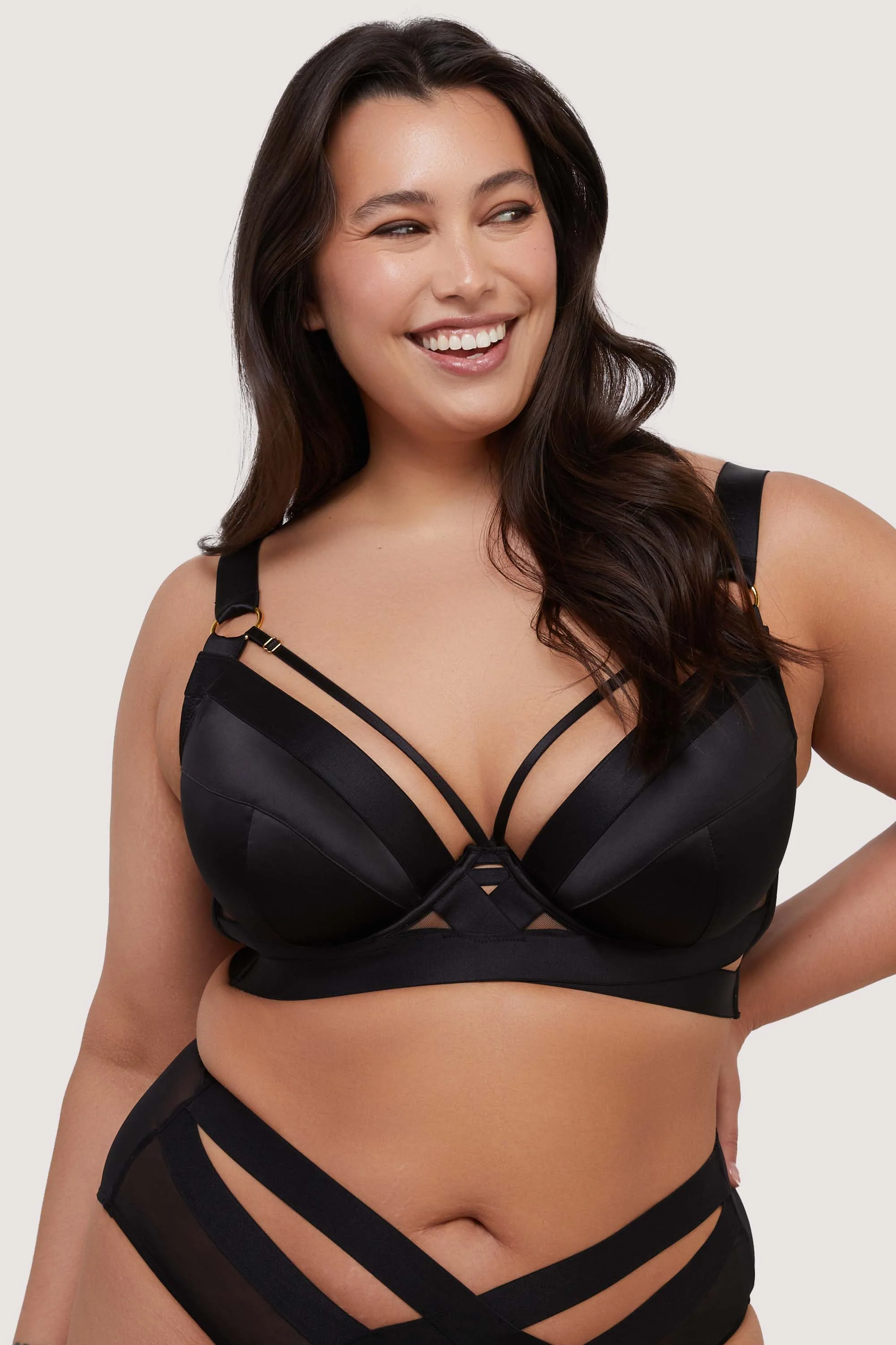 Etta Black Satin and Mesh Longline Padded Plunge Bra - Image 2