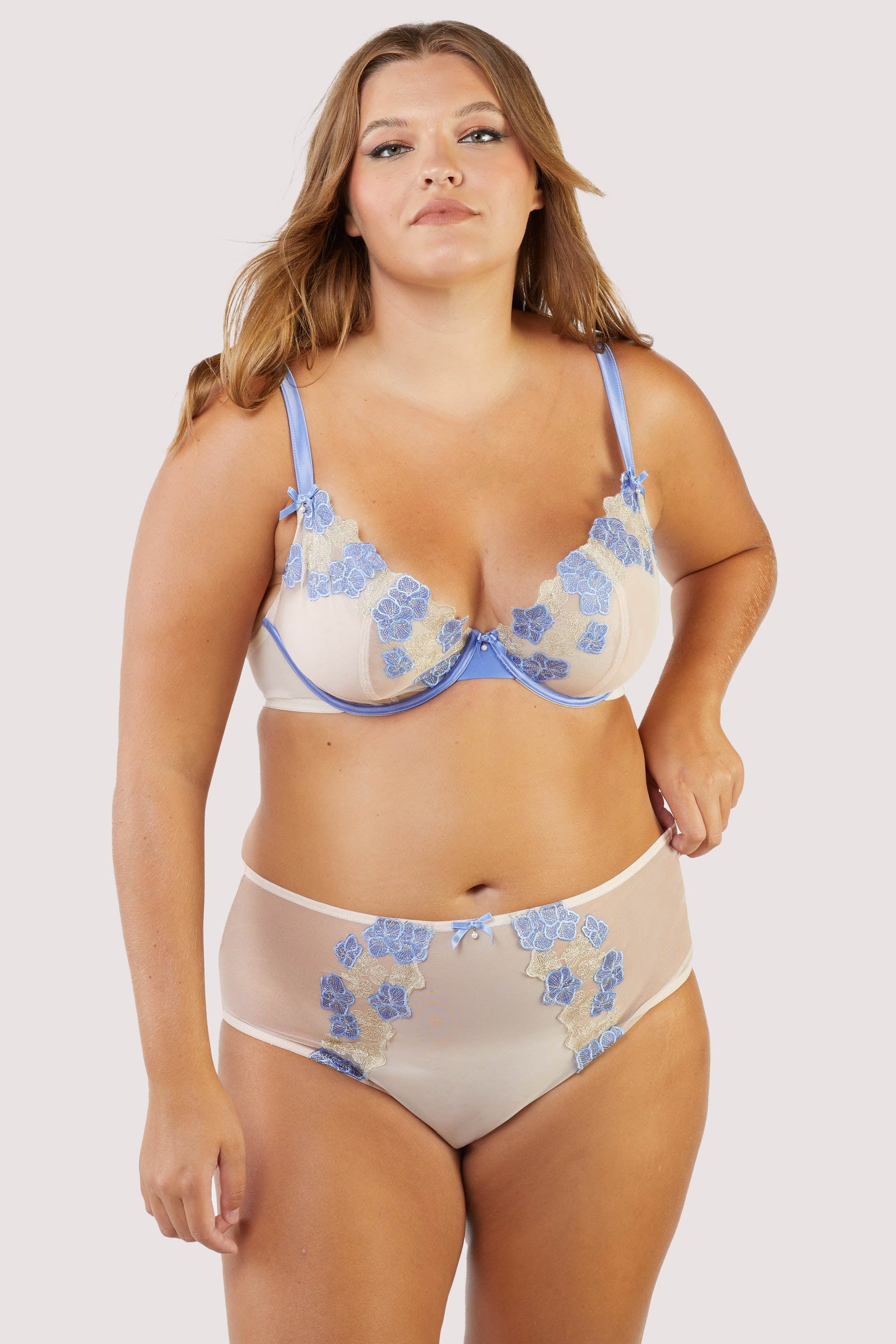 Rayne Gold And Lilac Satin Floral Embroidered Plunge Bra - Image 6