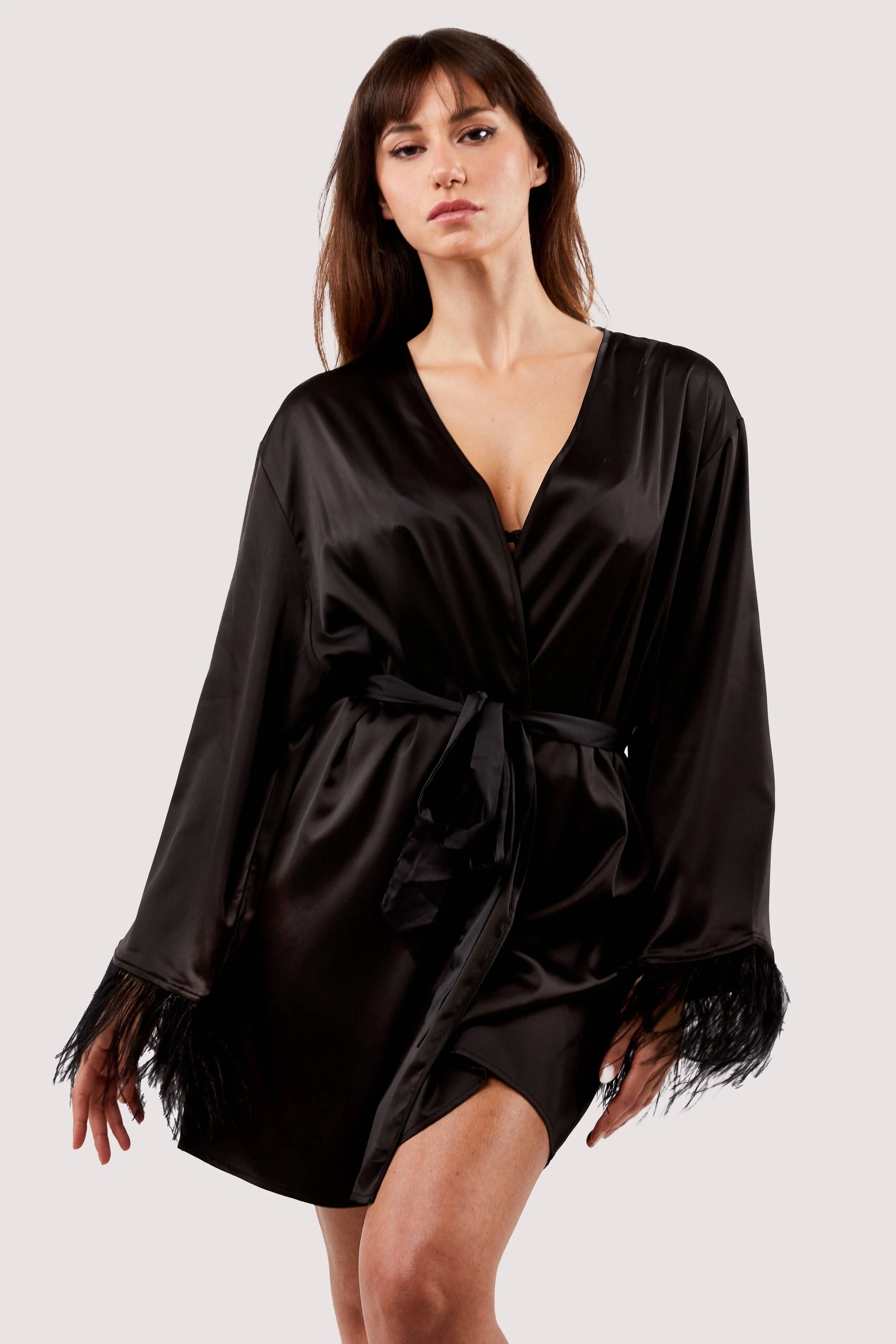 Sirus Black Satin And Feather Kimono - Image 5