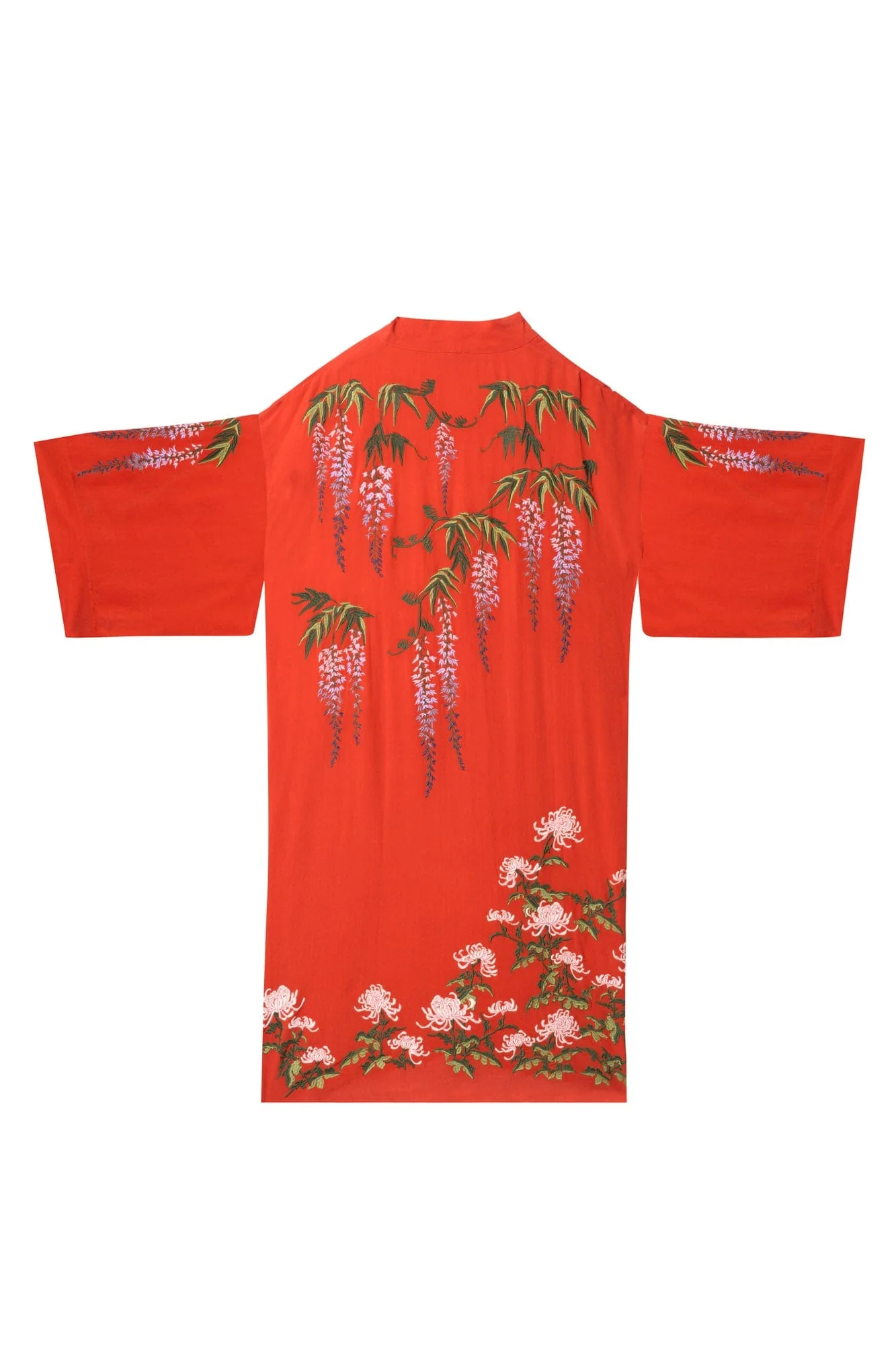 Wisteria & Chrysanthemum Embroidered Terracotta Fully Lined Long Kimono - Image 10