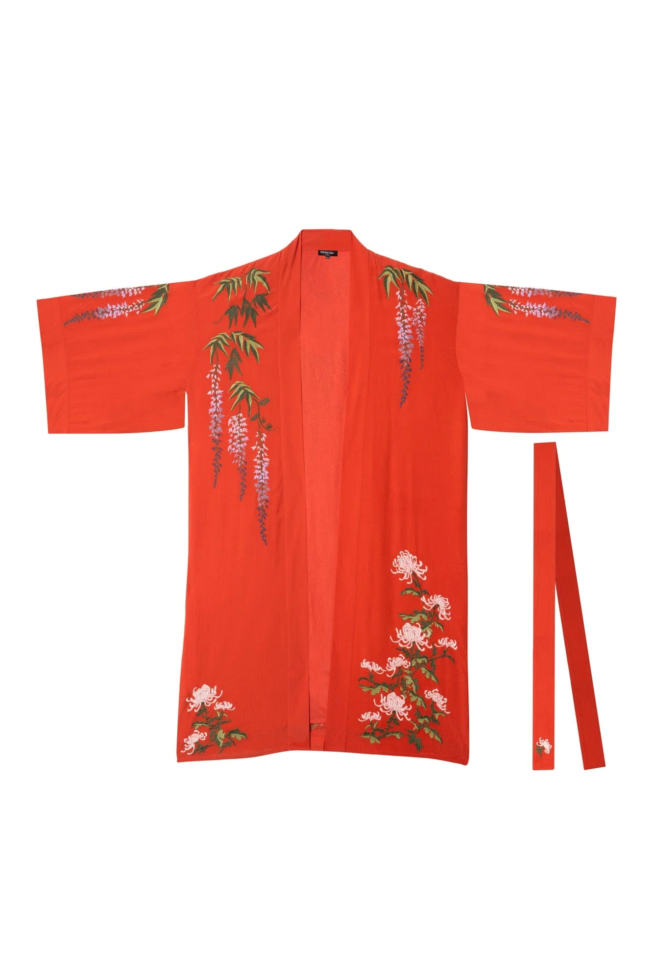 Wisteria & Chrysanthemum Embroidered Terracotta Fully Lined Long Kimono - Image 9