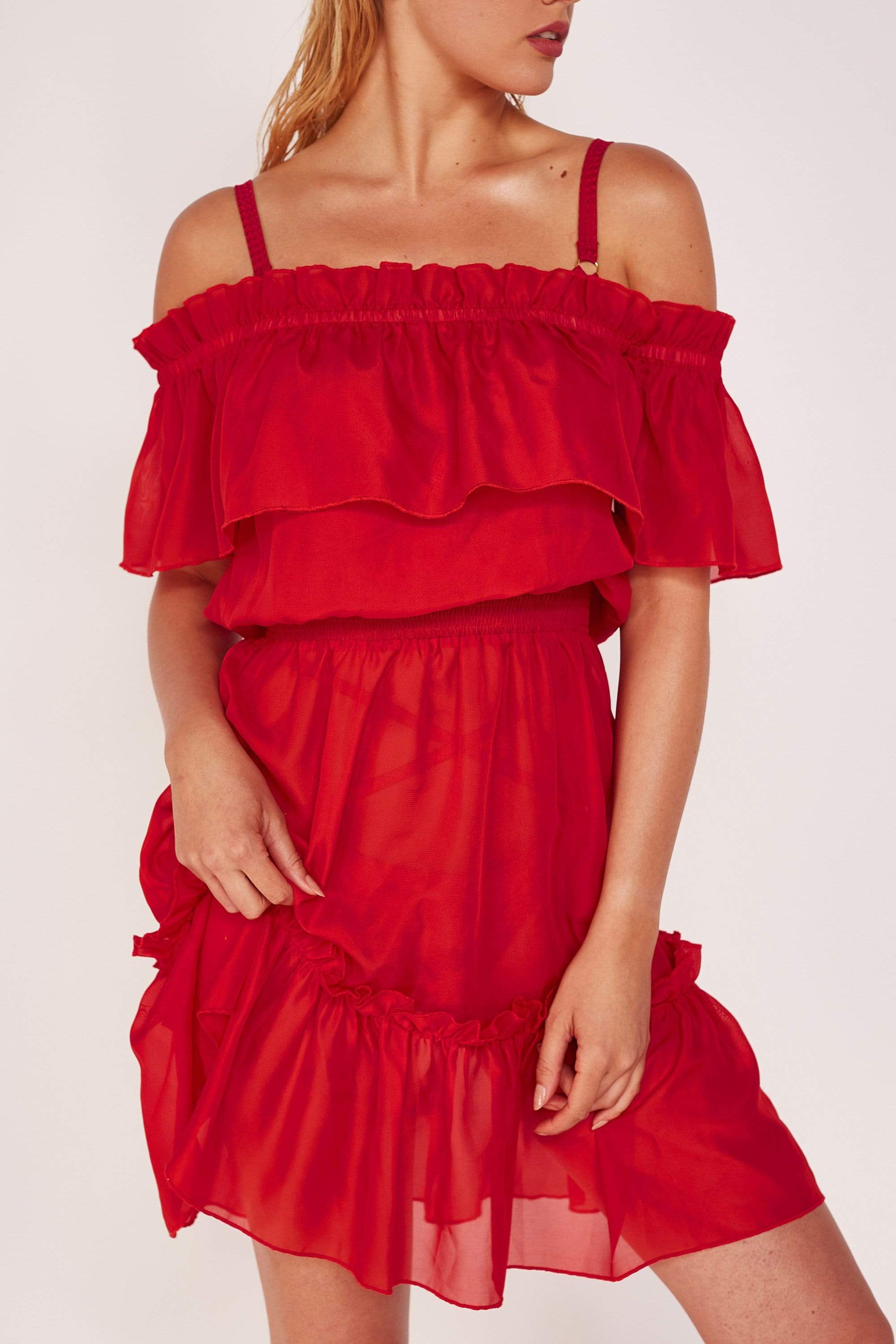 Red Bardot Frill Beach Dress - Image 3